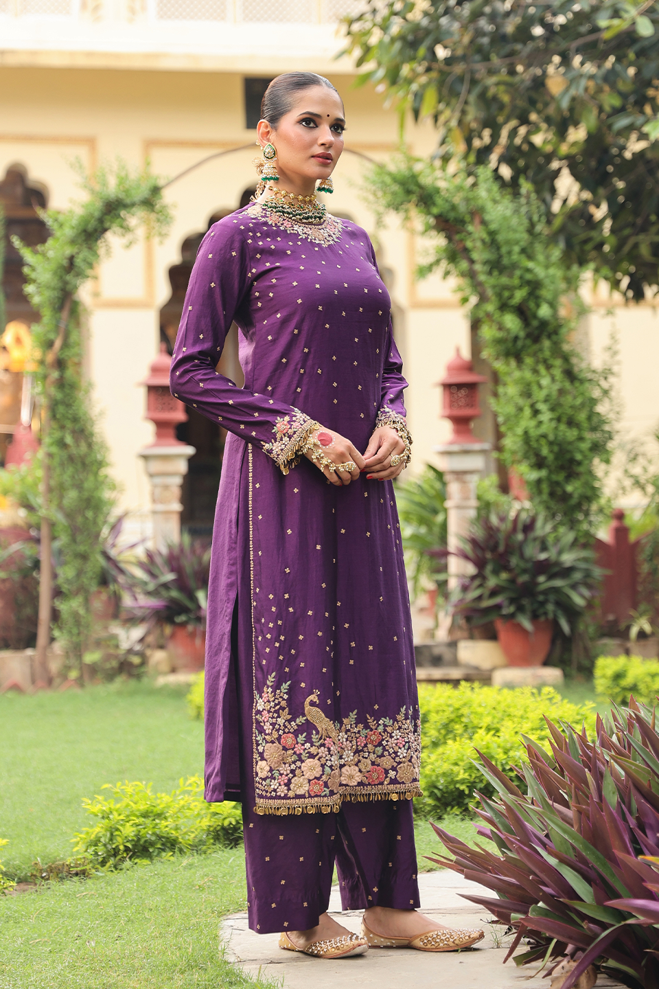 Ahista Purple Mayur Applique Long Kurta Set