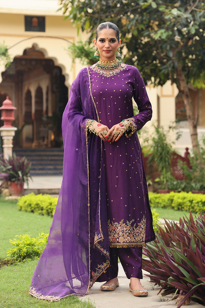 Ahista Purple Mayur Applique Long Kurta Set
