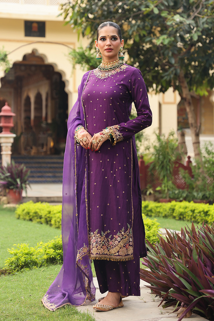 Ahista Purple Mayur Applique Long Kurta Set