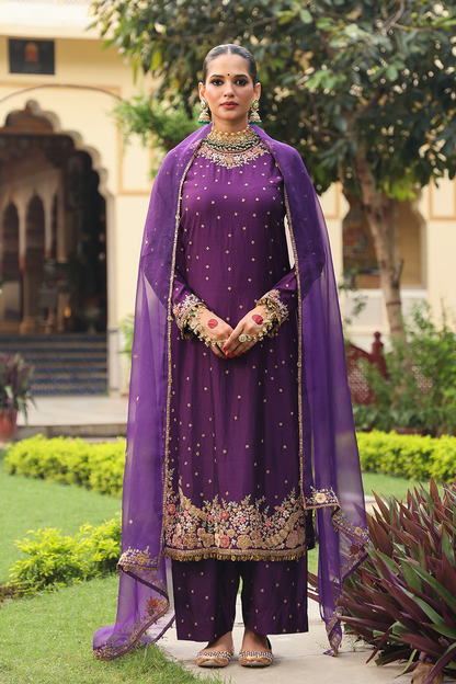 Ahista Purple Mayur Applique Long Kurta Set