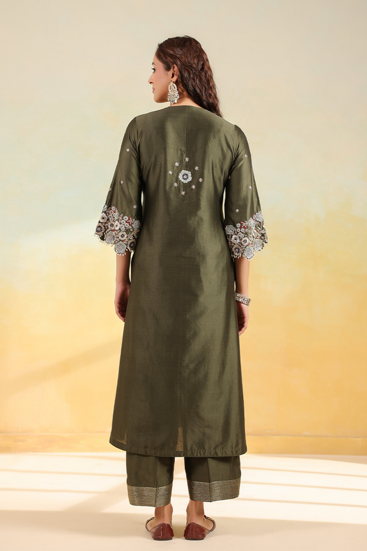 Olive Green Rose Cut Scallop Kurta Set