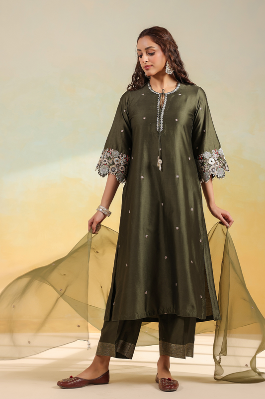 Olive Green Rose Cut Scallop Kurta Set
