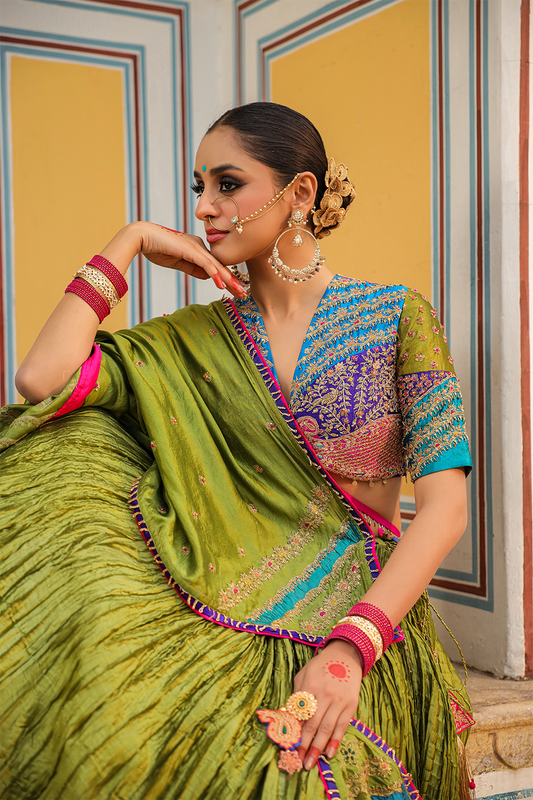 Multi Colour Bird Embroidered Crushed Lehenga