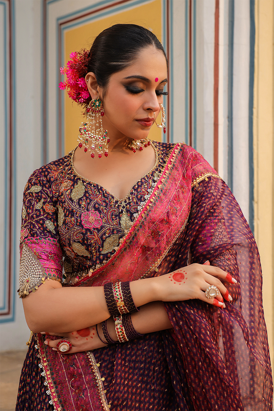 Cheent Print Applique Crushed Lehenga