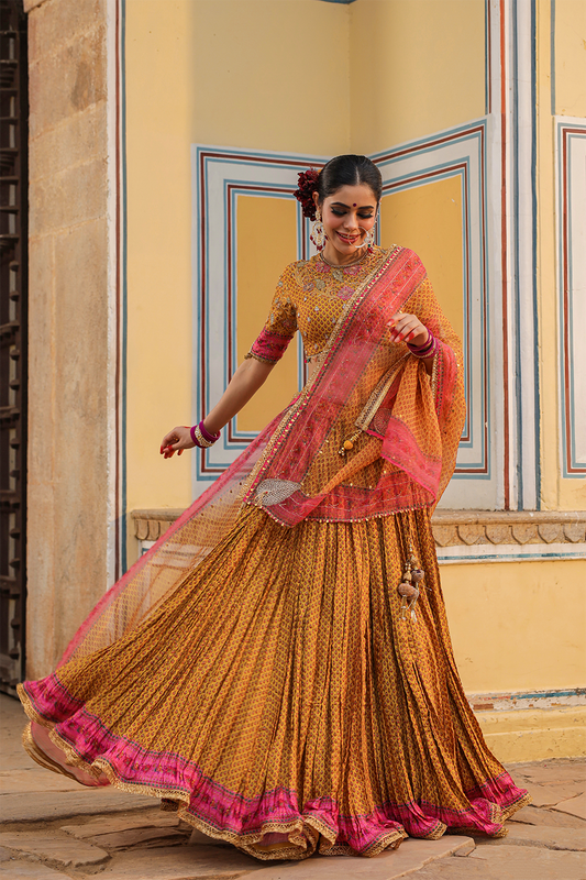 Cheent Print Floral Applique Crushed Lehenga