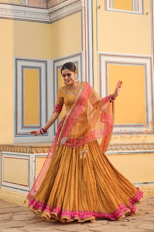 Cheent Print Floral Applique Crushed Lehenga