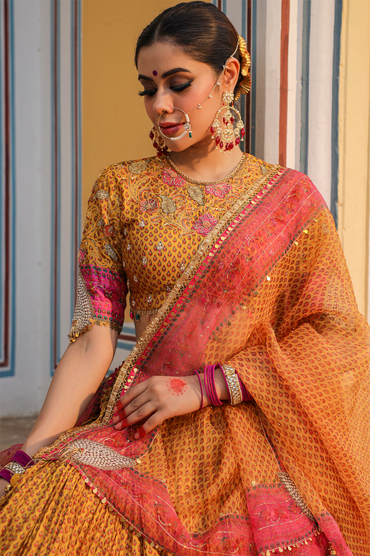 Cheent Print Floral Applique Crushed Lehenga