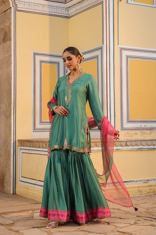 Cheent Print Sharara Cut Work + Heavy Hem