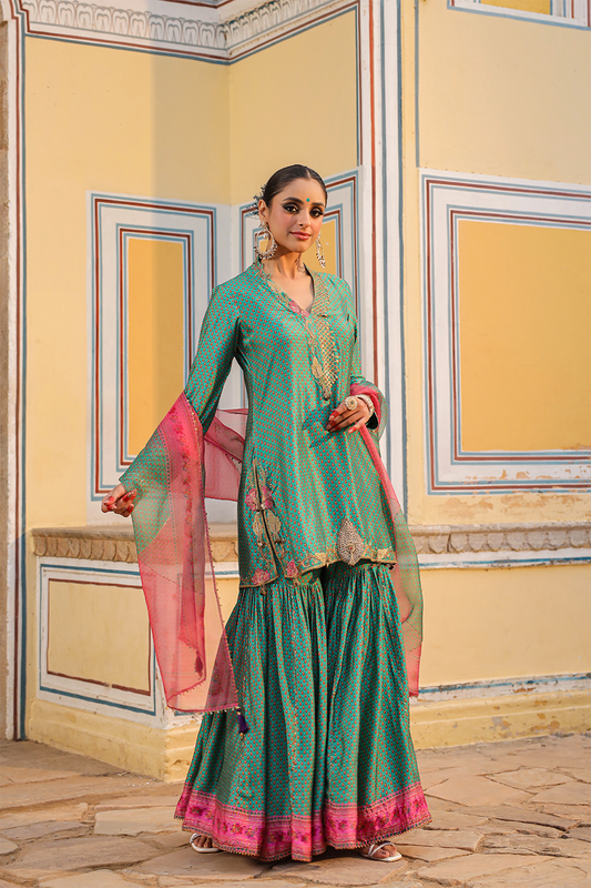 Cheent Print Sharara Cut Work + Heavy Hem