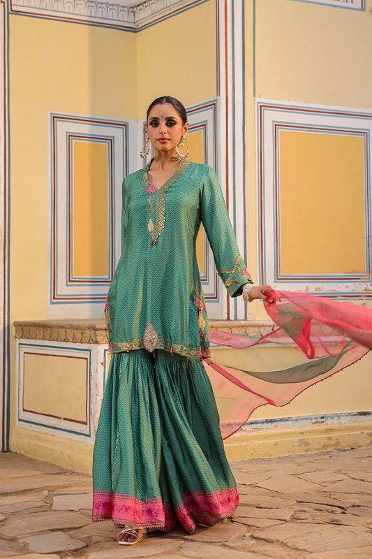 Cheent Print Sharara Cut Work + Heavy Hem