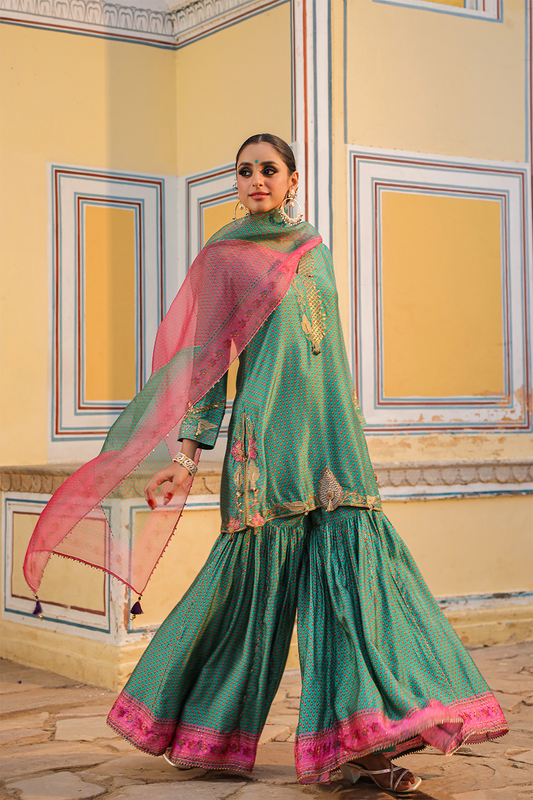 Cheent Print Sharara Cut Work + Heavy Hem