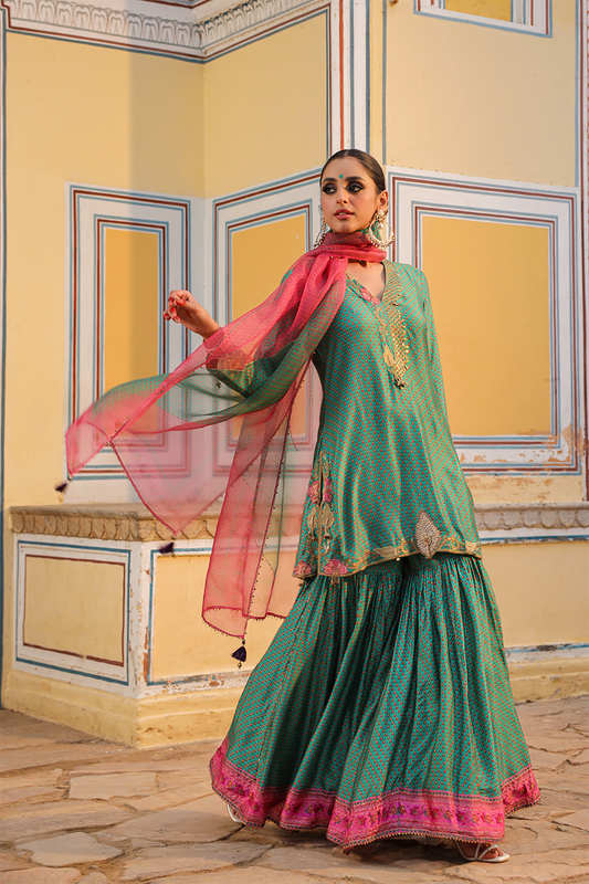 Cheent Print Sharara Cut Work + Heavy Hem