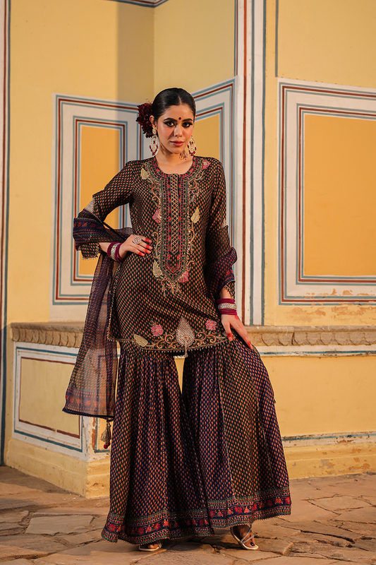 Cheent Print Dual Sharara Heavy Neck + Hem