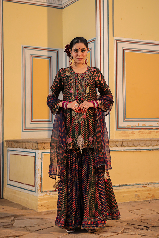Cheent Print Dual Sharara Heavy Neck + Hem