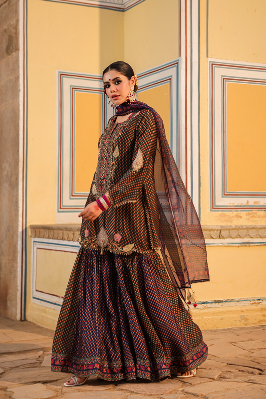 Cheent Print Dual Sharara Heavy Neck + Hem