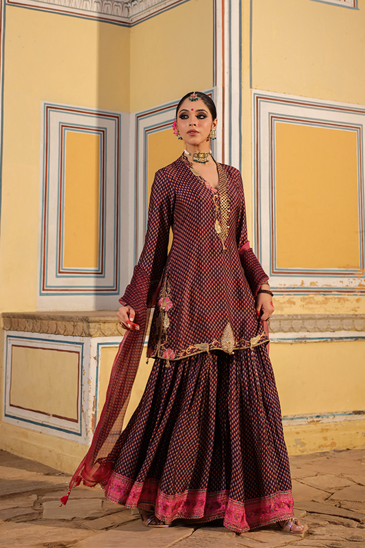 Cheent Print Sharara Cut Work + Heavy Hem