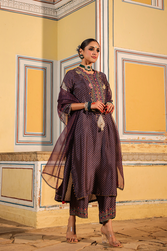 Cheent Print Heavy Neck Kurta Set