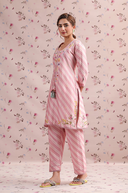 Noor Pink Striped Straight Kurti Set