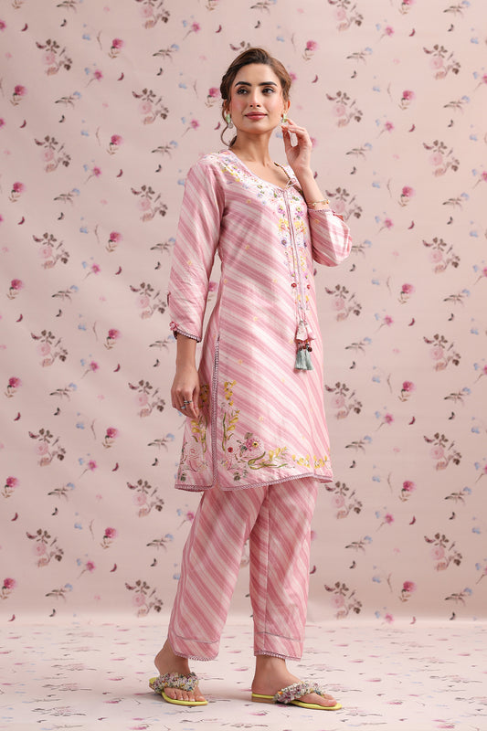 Noor Pink Striped Straight Kurti Set