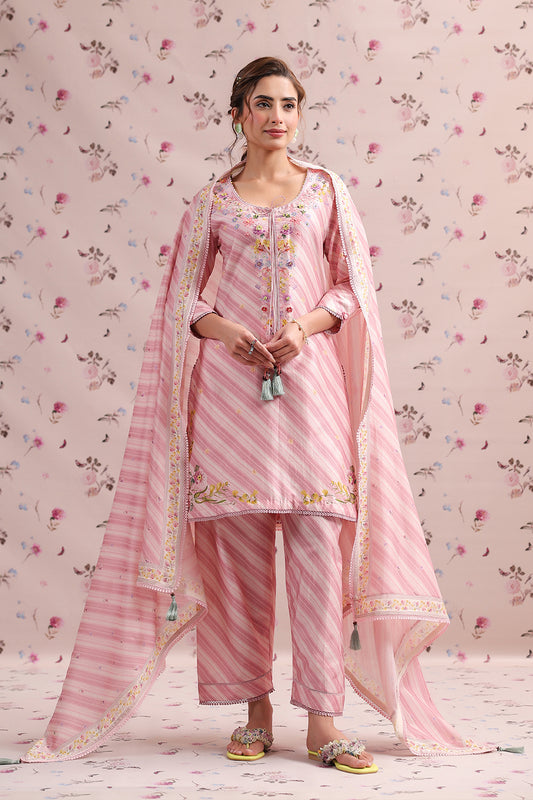 Noor Pink Striped Straight Kurti Set