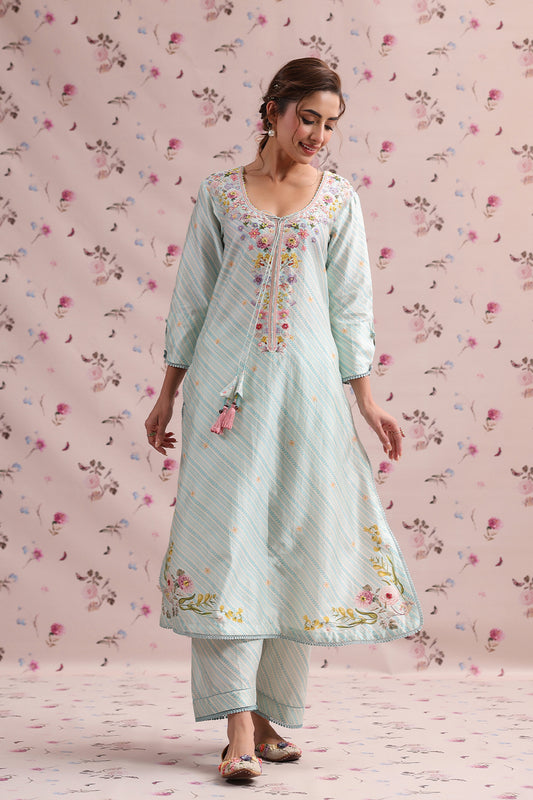 Noor Light Blue Striped Straight Long Kurta Set