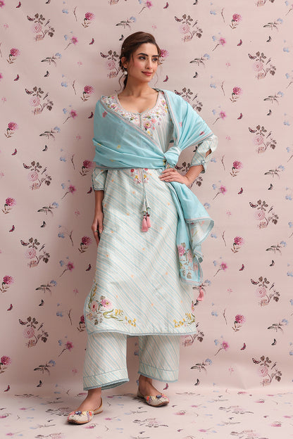 Noor Light Blue Striped Straight Long Kurta Set