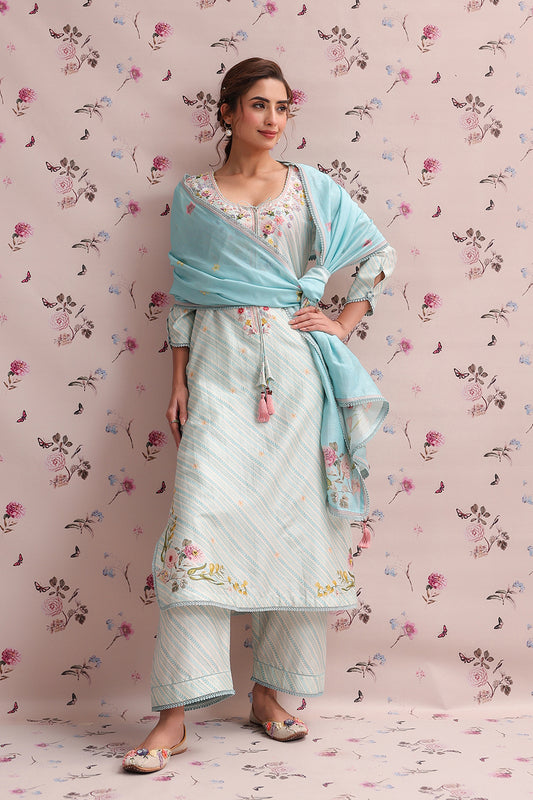 Noor Light Blue Striped Straight Long Kurta Set