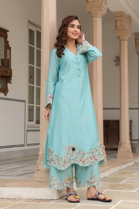 Gulzar Blue Scallop Kurta Set