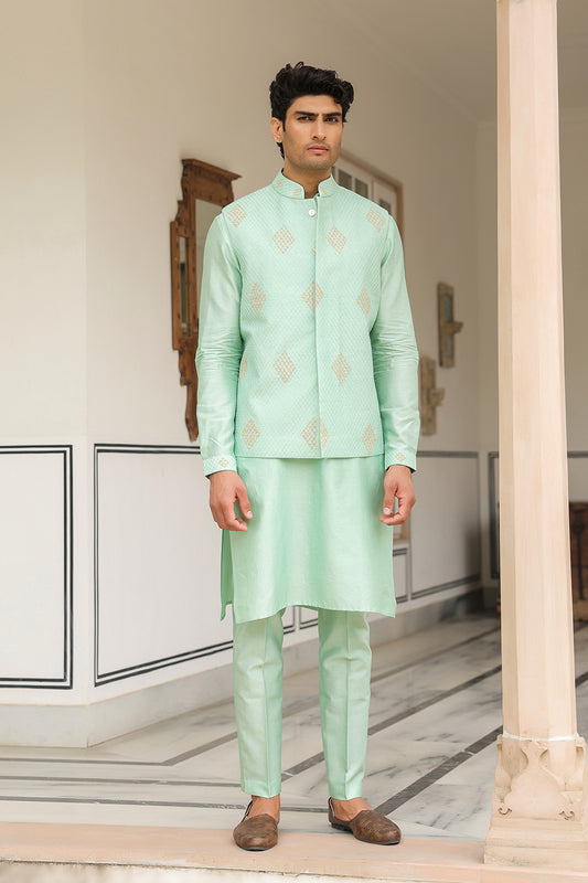 Gulzar Mint Green Geometric Threadwork Bandi Kurta Set