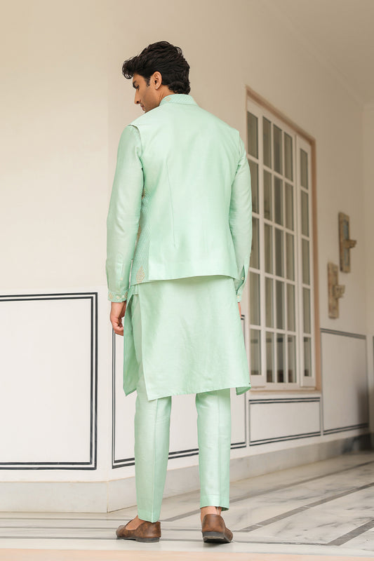 Gulzar Mint Green Geometric Threadwork Bandi Kurta Set