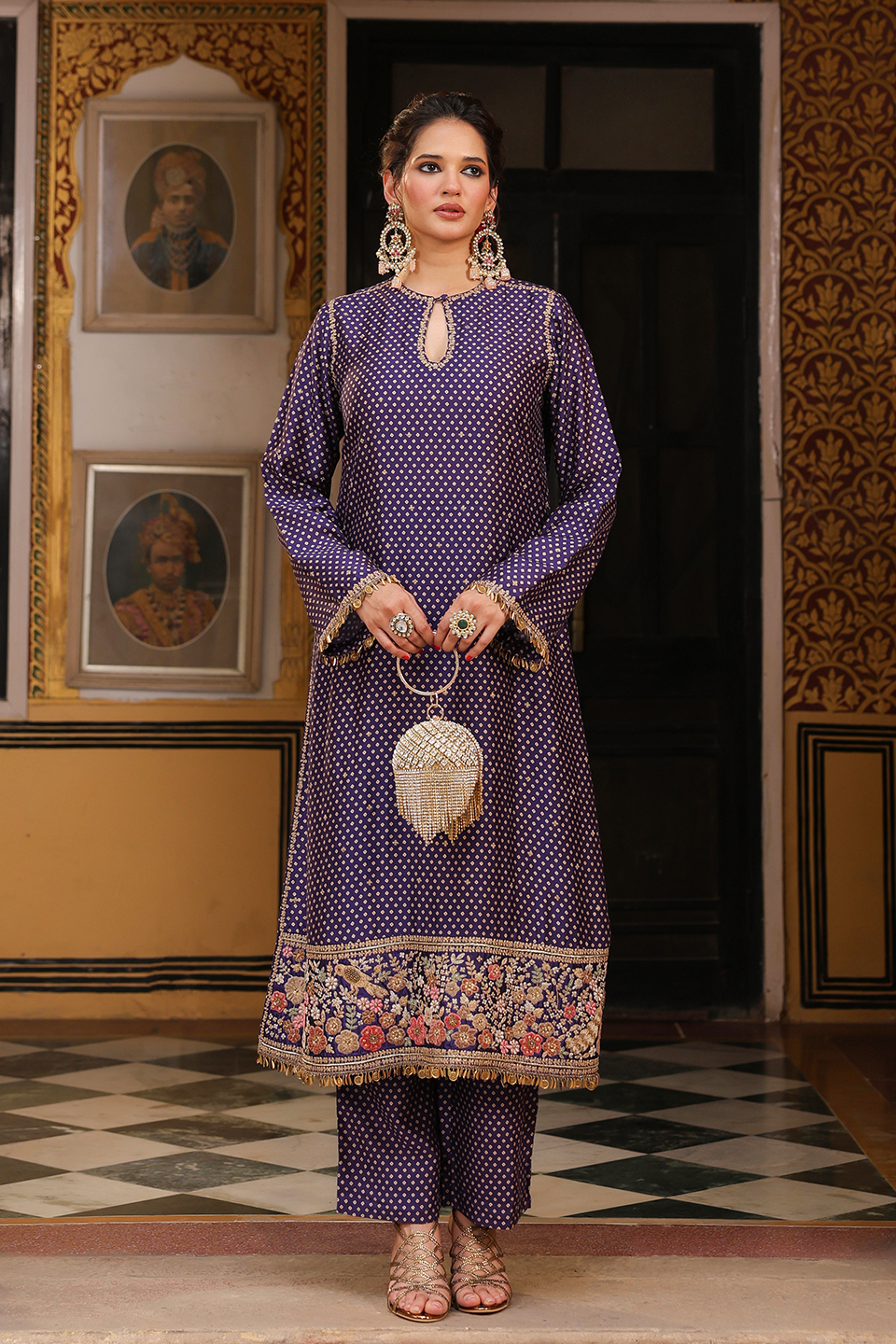 Ahista Purple Printed Mayur Applique Long Kurta Set