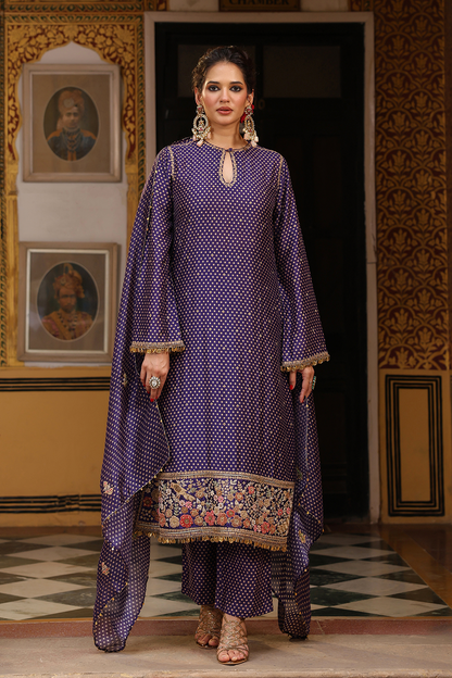 Ahista Purple Printed Mayur Applique Long Kurta Set