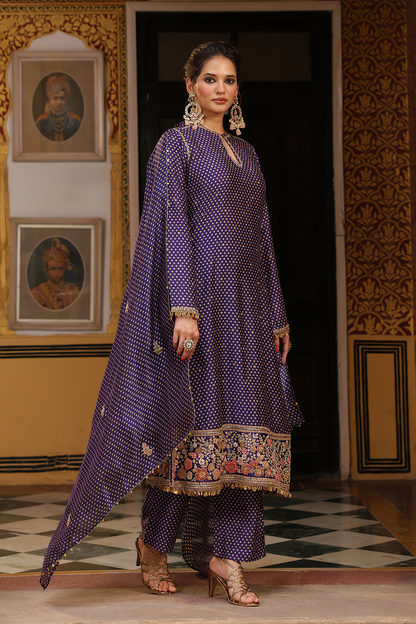 Ahista Purple Printed Mayur Applique Long Kurta Set