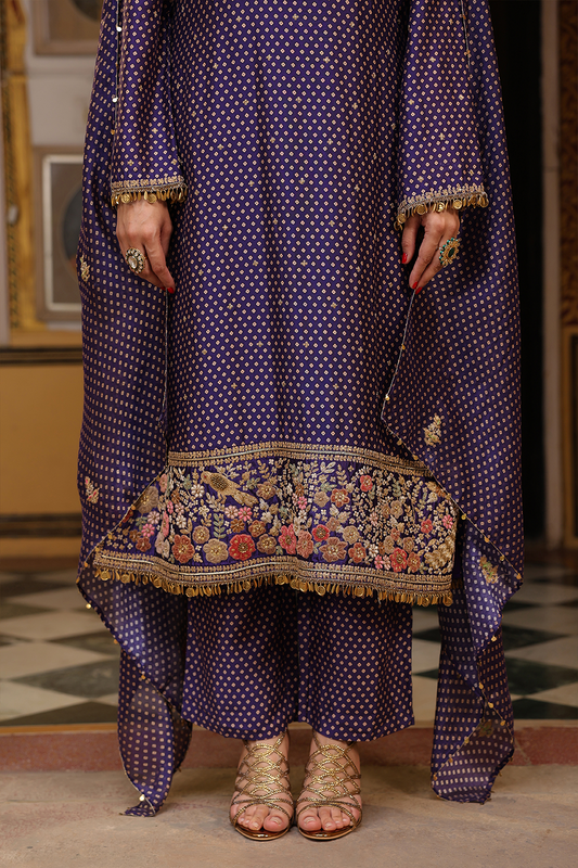 Ahista Purple Printed Mayur Applique Long Kurta Set