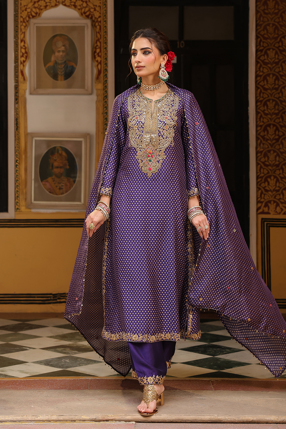 Ahista Purple Printed Pakhi Yoke Heavy Straight Kurta Set