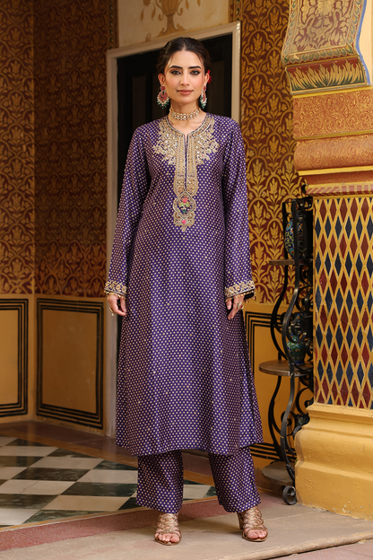 Ahista Purple Printed Pakhi Yoke Straight Kurta Set