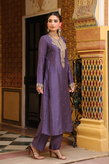 Ahista Purple Printed Pakhi Yoke Straight Kurta Set