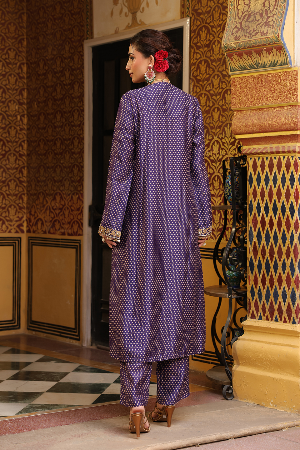 Ahista Purple Printed Pakhi Yoke Straight Kurta Set