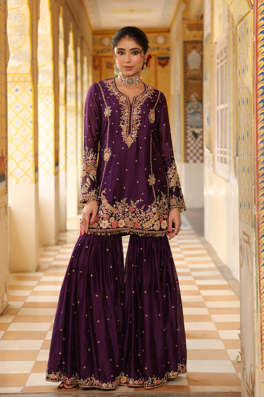 Ahista Purple Mayur Applique Heavy Sharara Set