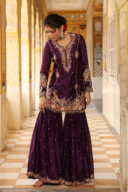 Ahista Purple Mayur Applique Heavy Sharara Set