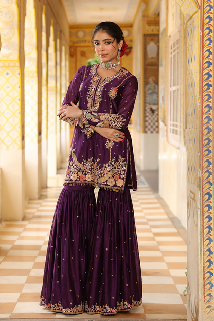 Ahista Purple Mayur Applique Heavy Sharara Set