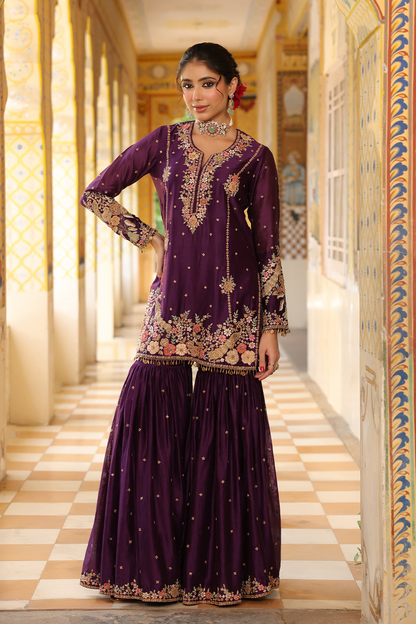 Ahista Purple Mayur Applique Heavy Sharara Set