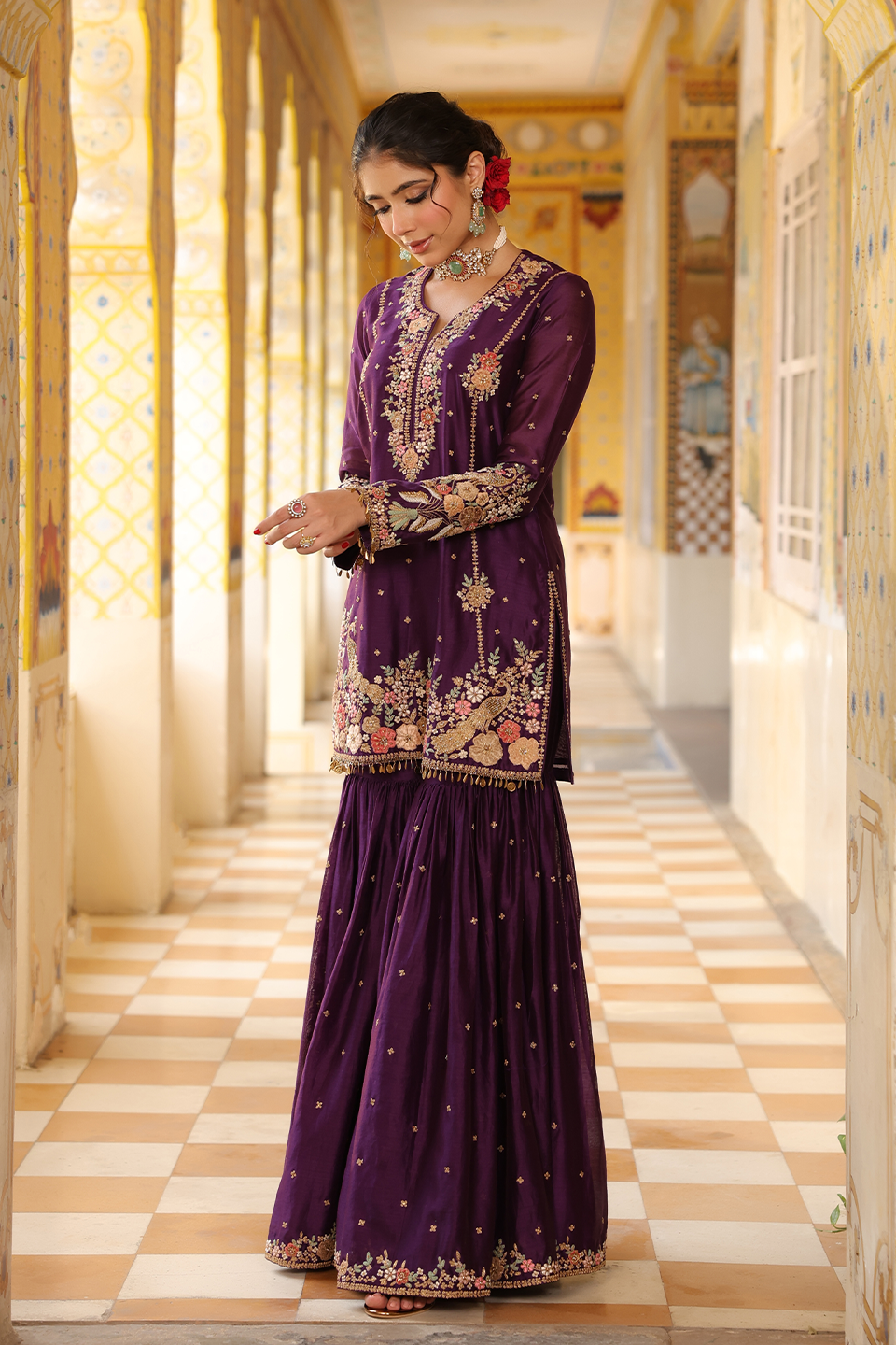 Ahista Purple Mayur Applique Heavy Sharara Set