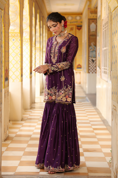 Ahista Purple Mayur Applique Heavy Sharara Set
