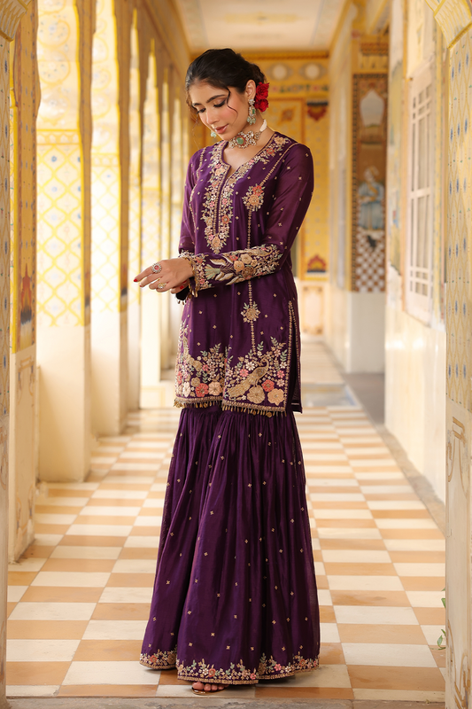 Ahista Purple Mayur Applique Heavy Sharara Set