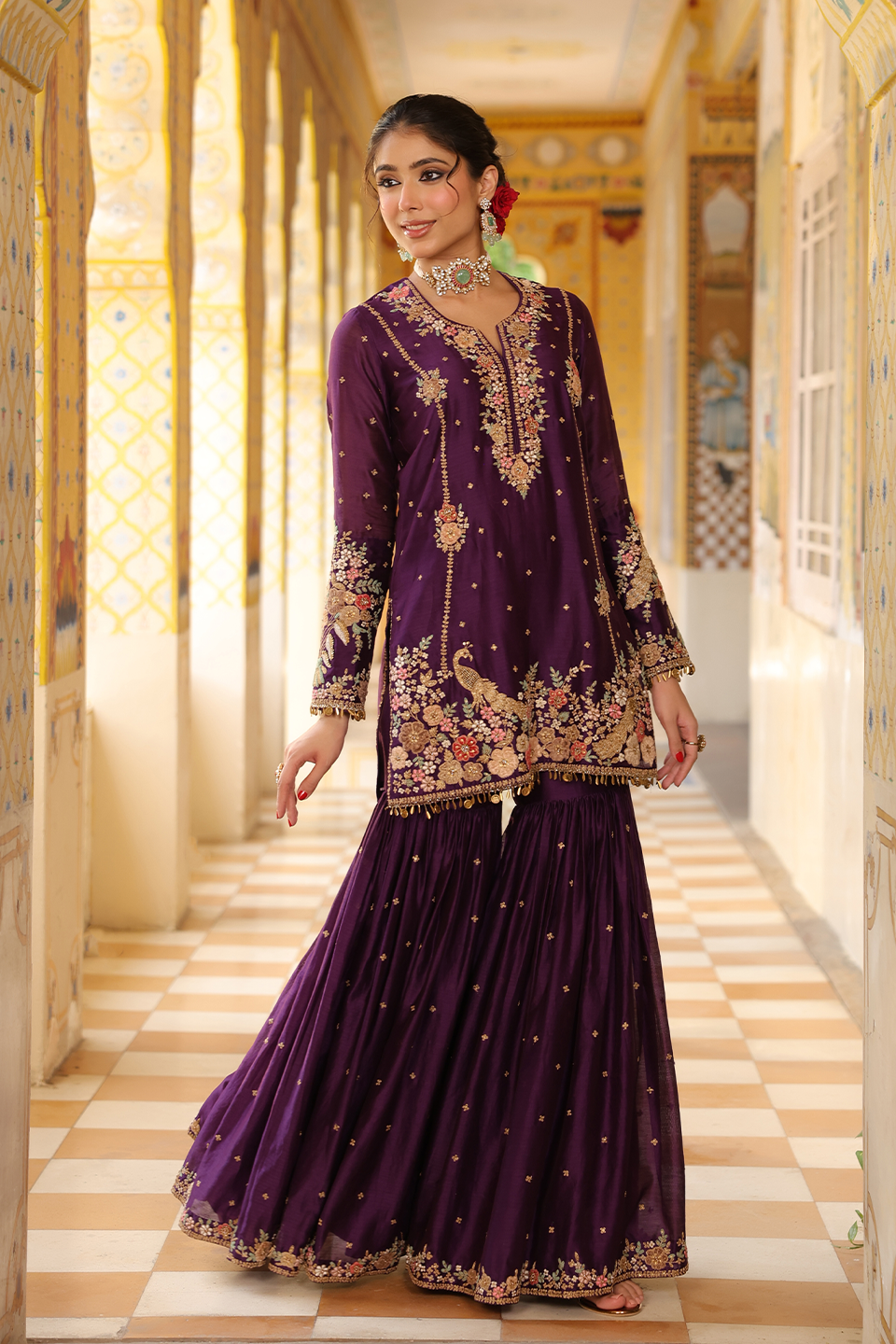 Ahista Purple Mayur Applique Heavy Sharara Set