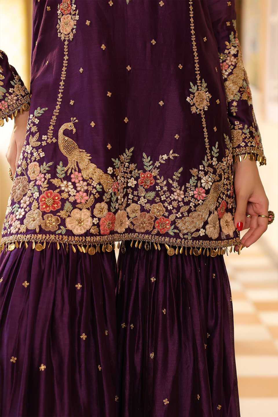 Ahista Purple Mayur Applique Heavy Sharara Set