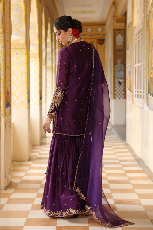 Ahista Purple Mayur Applique Heavy Sharara Set