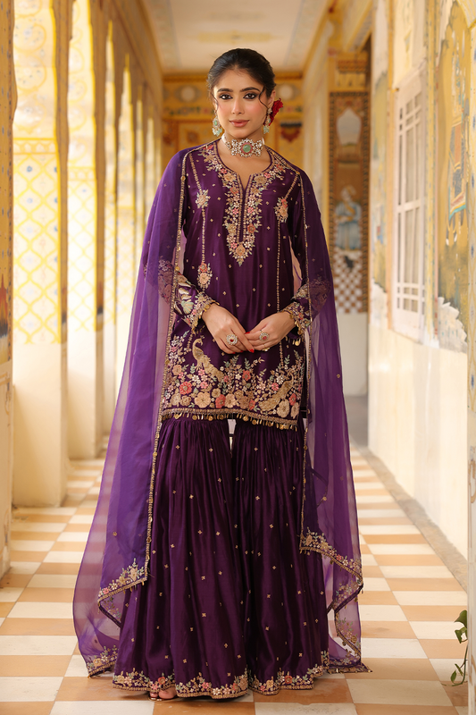 Ahista Purple Mayur Applique Heavy Sharara Set