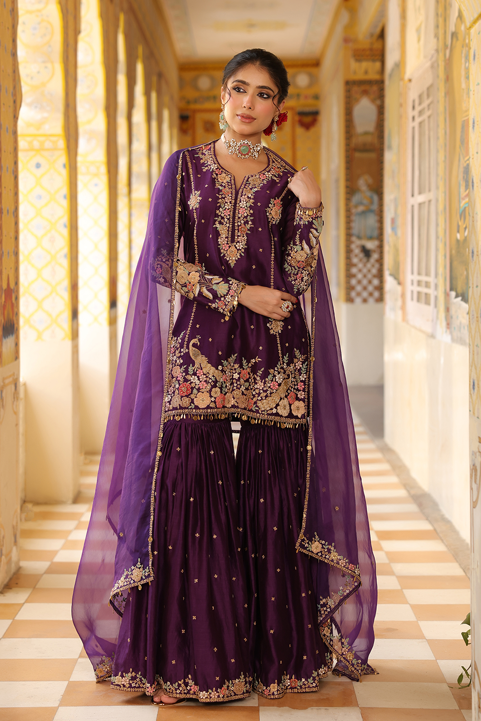 Ahista Purple Mayur Applique Heavy Sharara Set